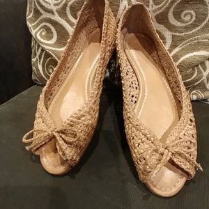 Frye Leather Weave peep two slip ons